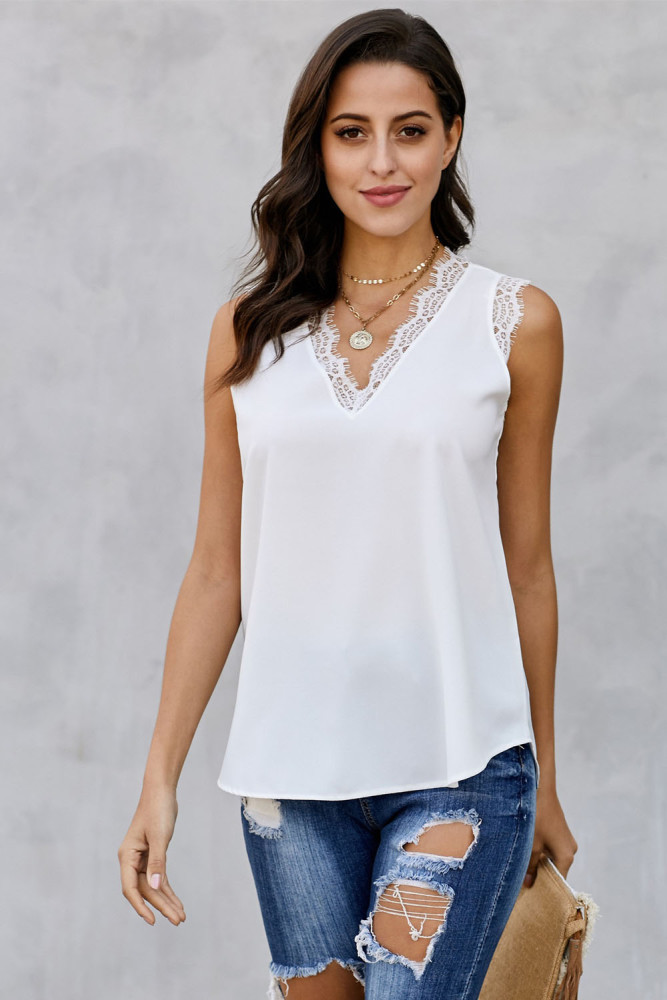White Sleeveless Eyelash Lace V Neck Tank Top