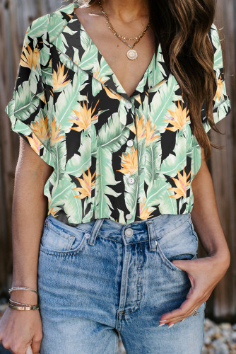 Black Printed Button Front Top