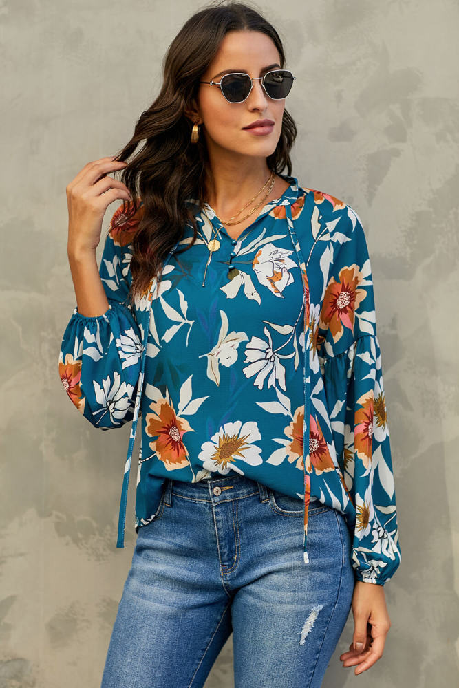 Blue Hues Of Autumn Floral Lantern Sleeve Blouse