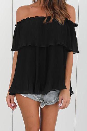 Black Off-Shoulder Pleated Ruffle Blouse