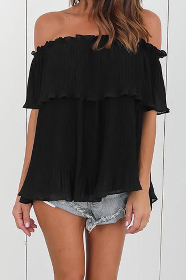 Black Off-Shoulder Pleated Ruffle Blouse