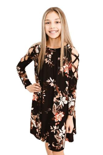 Black Floral Crisscross Shoulder Kids Dress