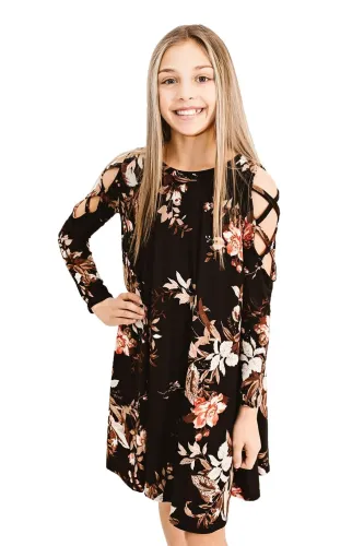 Black Floral Crisscross Shoulder Kids Dress