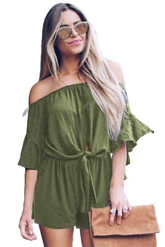 Green Bell Sleeve Off Shoulder Front Tie Knot Romper