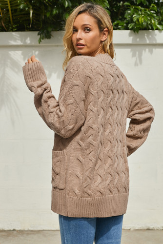 Khaki Open Front Button Down Knit Cardigan Coat