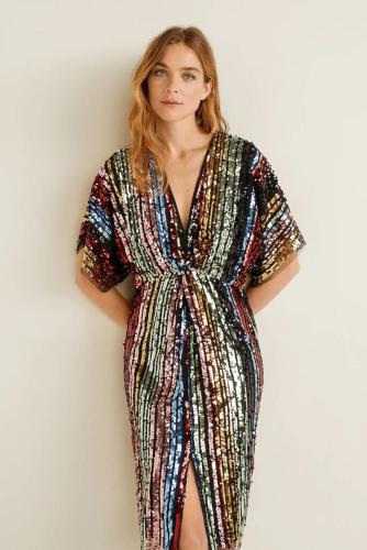 Multicolor Sequin Deep V Neck Tunic Dress