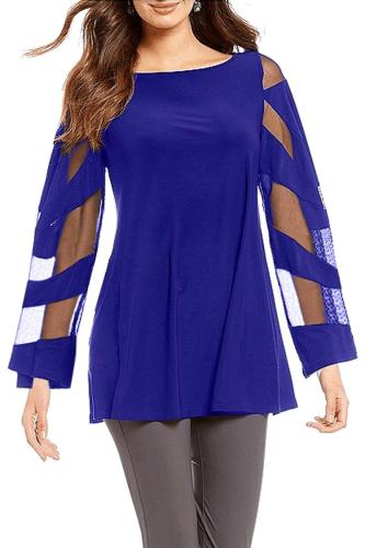 Blue Long Sleeve Boat Neck Chiffon Blouse