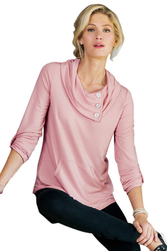 Pink Cowl Neck Kangaroo Pocket Pullover Top