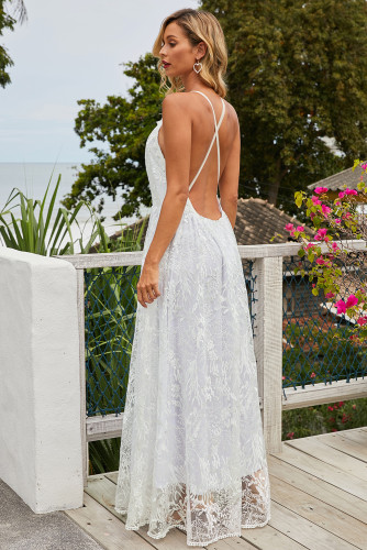 White Wedding Day Ball Party Lace Maxi Dress