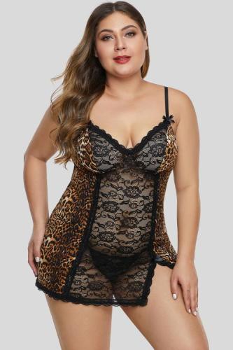 Black Leopard Animal Print Floral Lace Plus Size Chemise