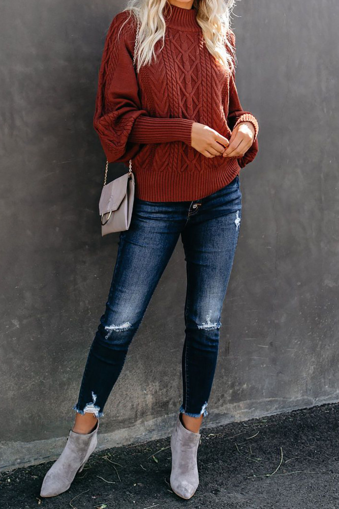 Red Housewarming Cable Knit Balloon Sleeve Sweater