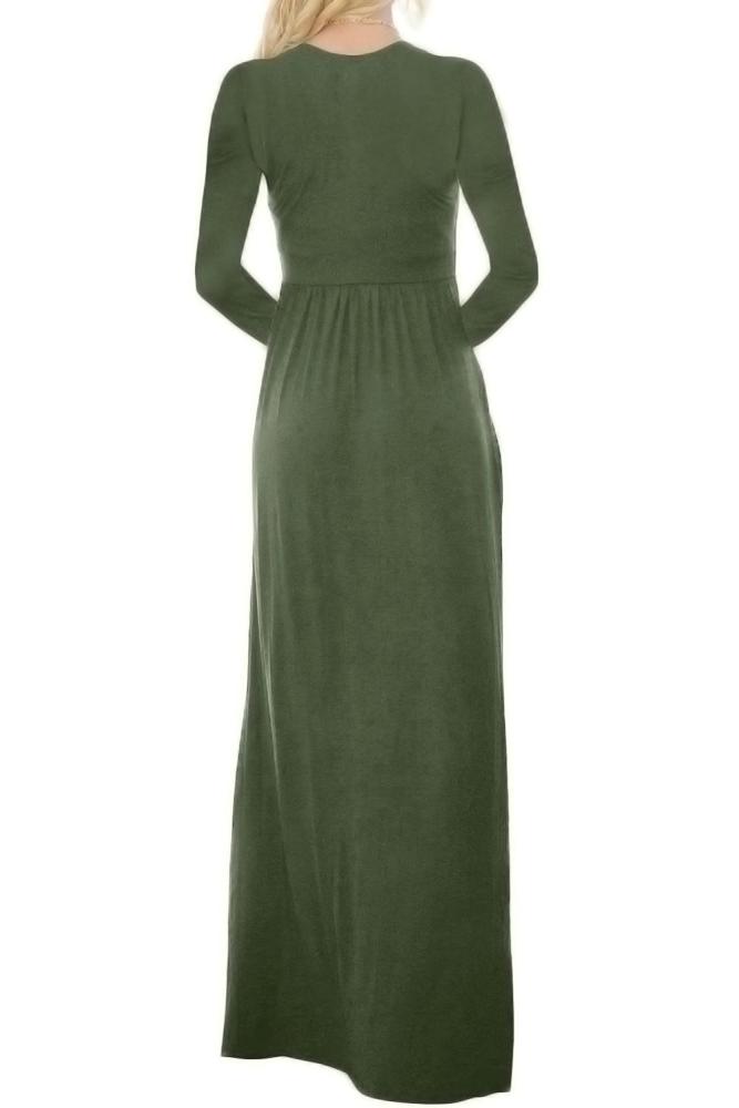 Army Green V Neck Pocket Style Long Jersey Dress