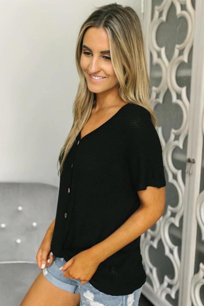 Black Button Down Front Knitwear Blouse