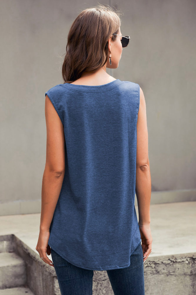 Blue Tank Top with Leopard Patch Detail