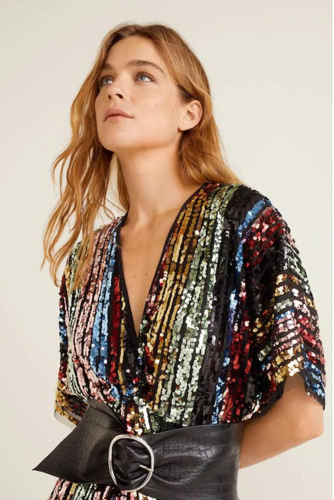 Multicolor Sequin Deep V Neck Tunic Dress