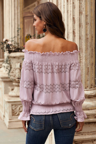 Pink Off Shoulder Ruffle Long Sleeve Smocked Waist Lace Crochet Blouse