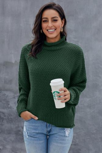 Green Oversized Chunky Batwing Long Sleeve Turtleneck Sweater