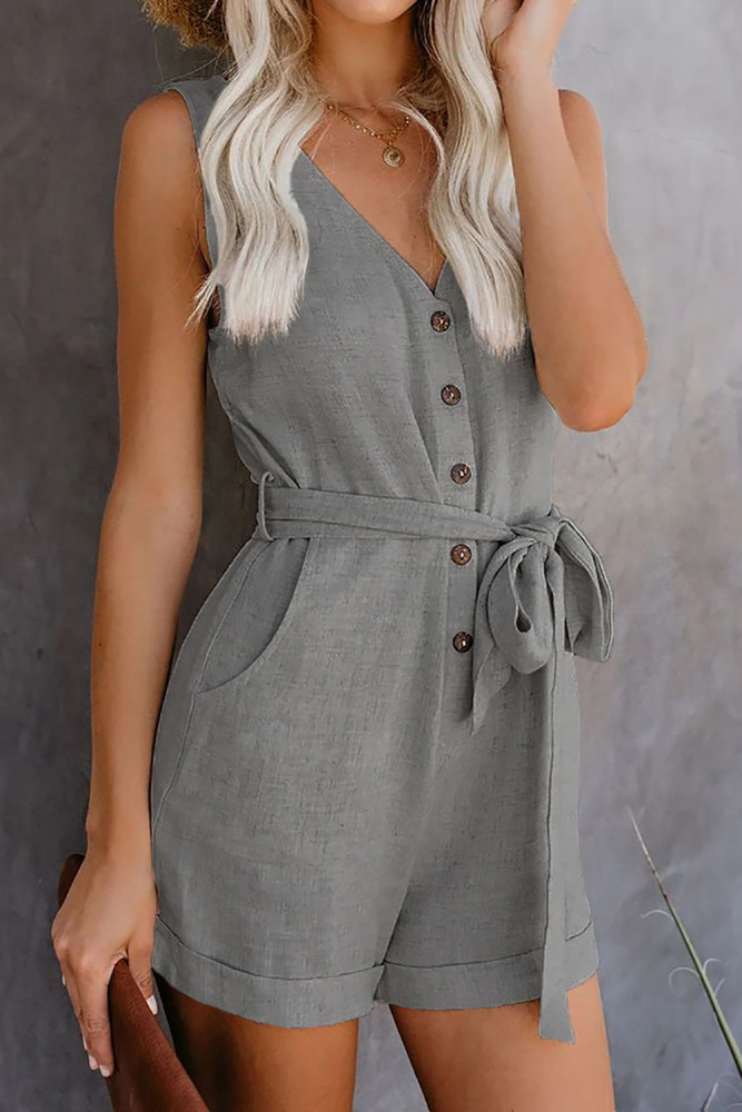 Gray Button V Neck Romper with Belt
