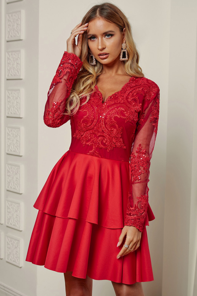 Red Sequin Embroidered Multilayer Skater Dress