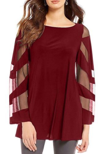 Red Long Sleeve Boat Neck Chiffon Blouse