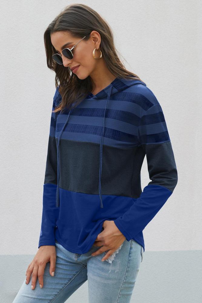 Blue Speak to Me Color Block Drawstring Hoodie