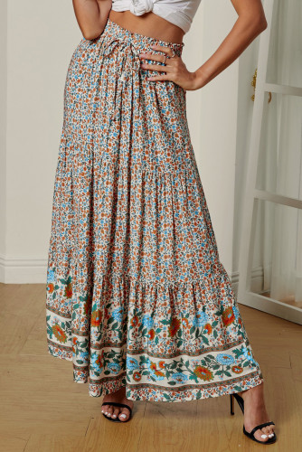 Multicolor Boho Floral Print Elastic High Waist Pleated A Line Maxi Skirt