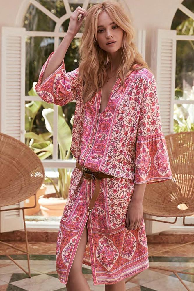 Pink Three-Quarter Sleeve Mid-Calf Print Dress