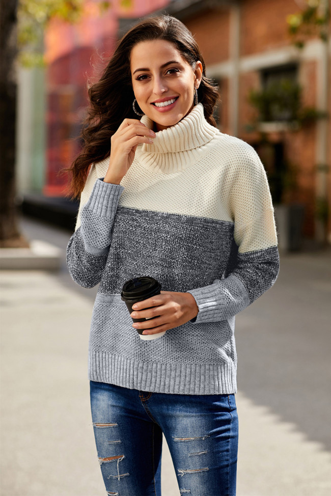 Gray Color Block Netted Texture Turtleneck Sweater