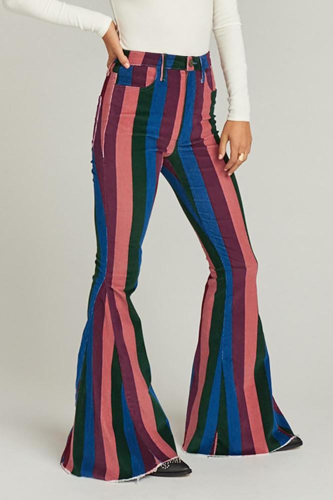Zip Up Striped Bell Jeans