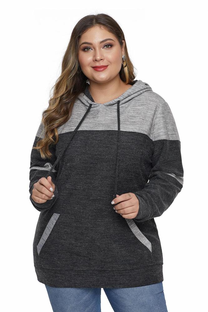 Black Color Block Pullover Plus Size Hoodie with Pocket