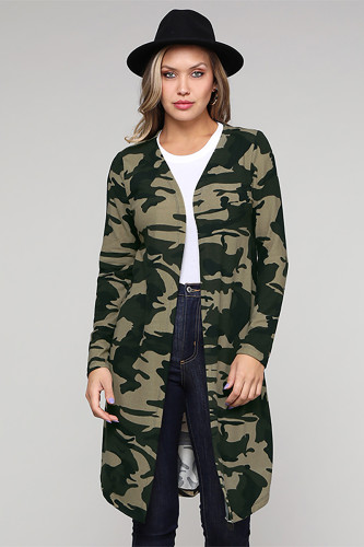 Green Camo Print Long Cardigan
