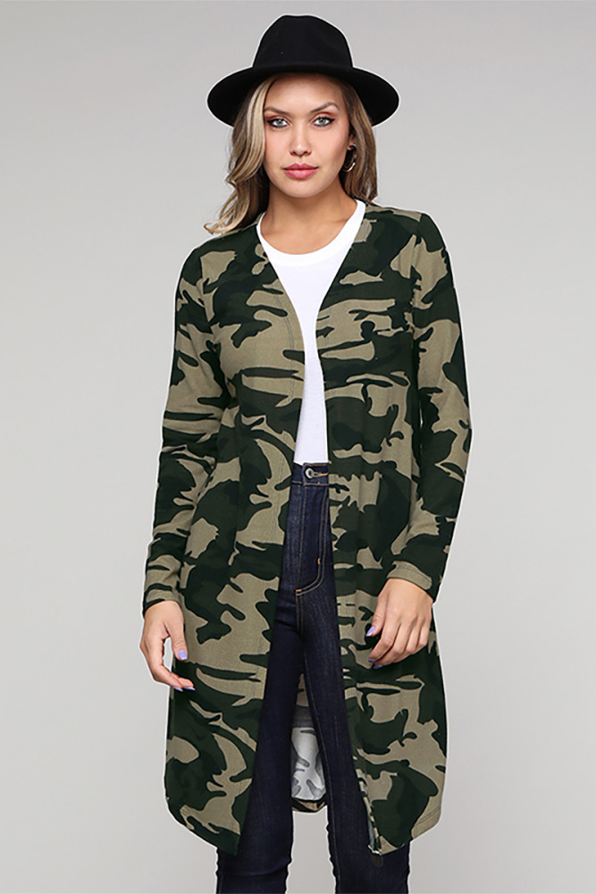 Green Camo Print Long Cardigan