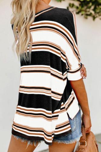 Black White Khaki Color Striped Print Loose Shirt