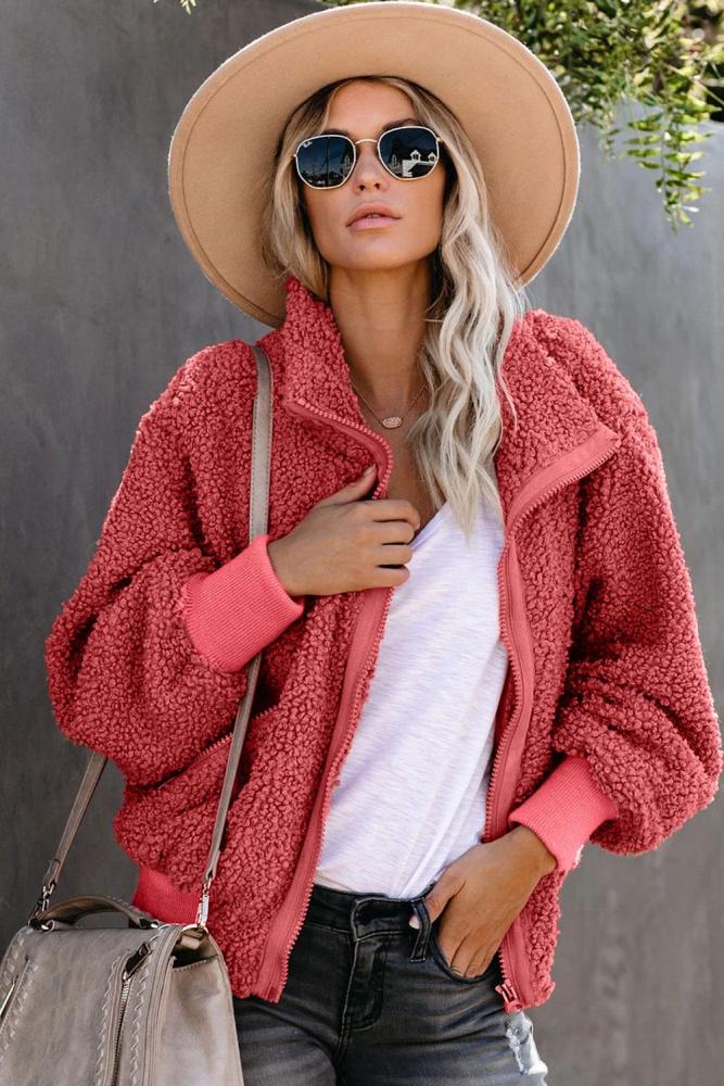 Red Cool For The Winter Pocketed Teddy Jacket