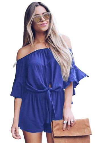 Blue Bell Sleeve Off Shoulder Front Tie Knot Romper