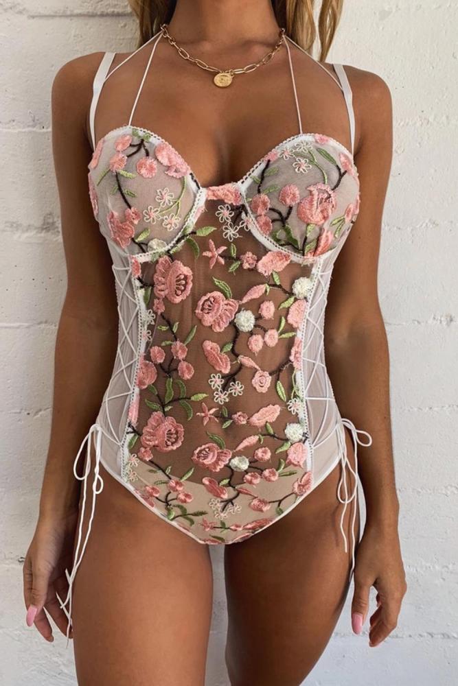 Transparent Spaghetti Straps Floral Lace Bodysuit
