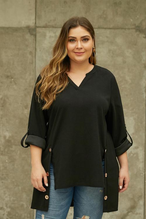 Black V Neck Tab Roll up Sleeve Slits Plus Size Top
