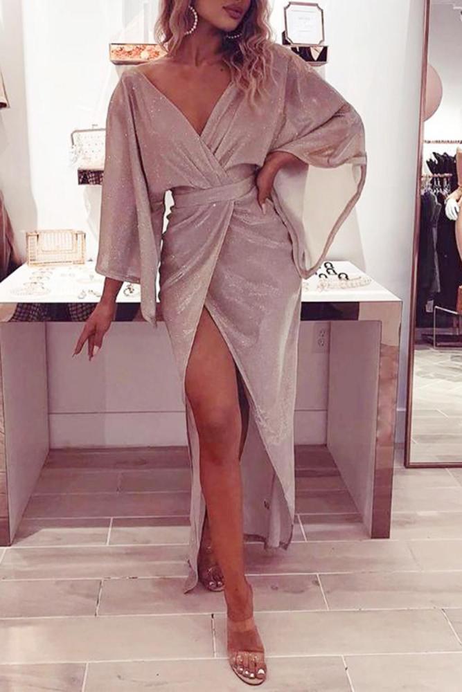 Glitter Plunge Long Sleeve Slit Dress