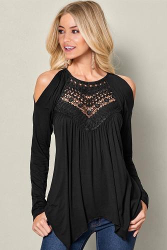 Black Long Sleeve Flowy Lace Cold Shoulder Top