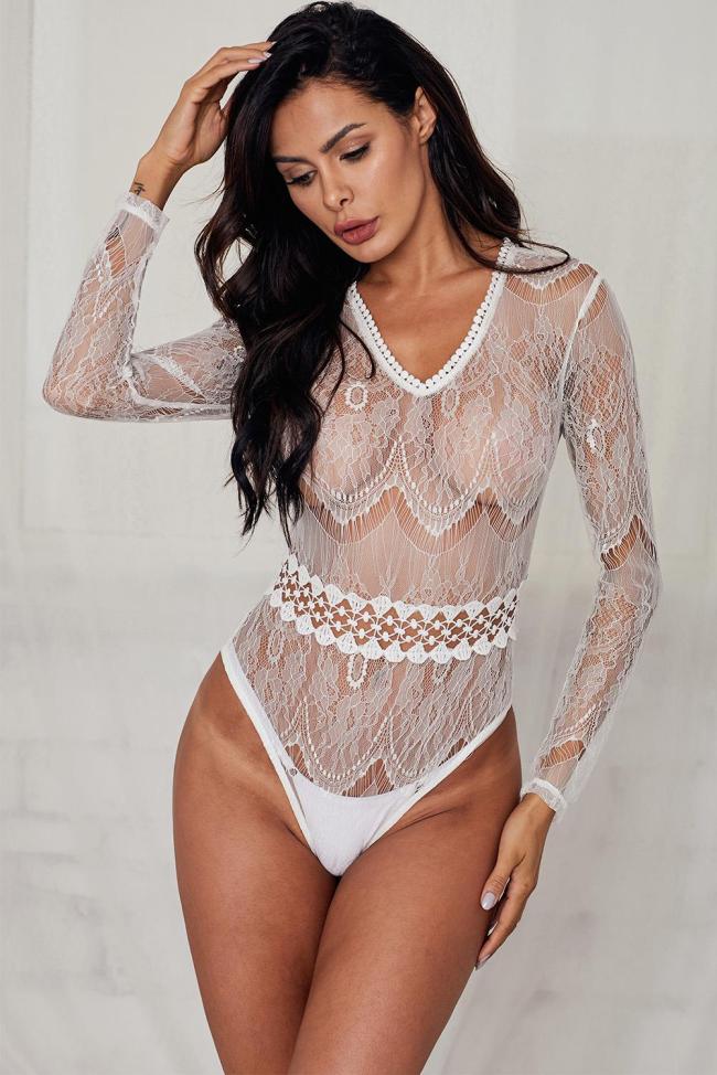White Daring Sheer Lace Long Sleeve Bodysuit