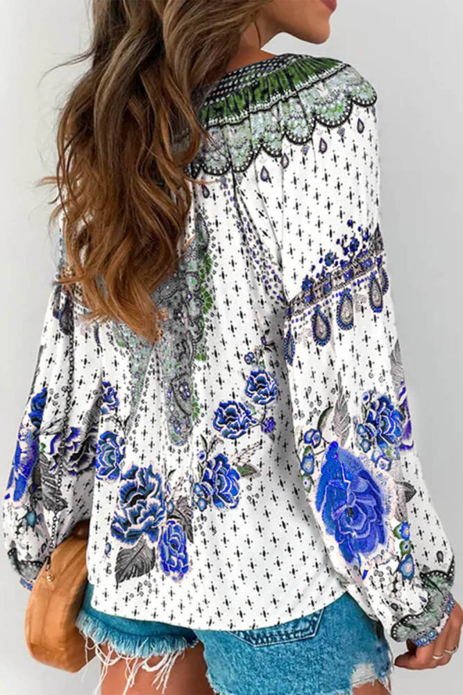 Blue Floral Print Long Sleeve Mid-Length Blouse