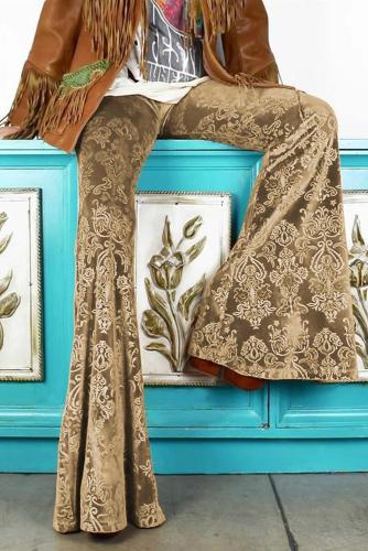 Brown Floral Velvet Baroque Flare Pants