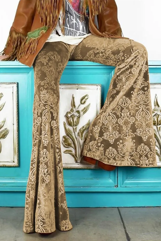 Brown Floral Velvet Baroque Flare Pants