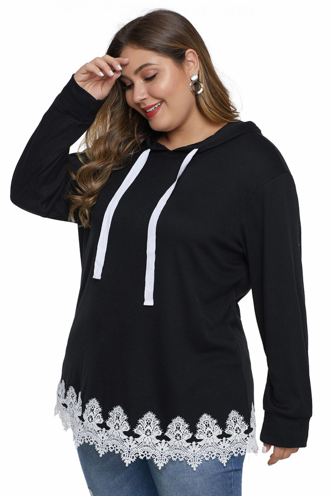 Black Plus Size Supersoft Hoodie Sweatshirt With Lace Trim