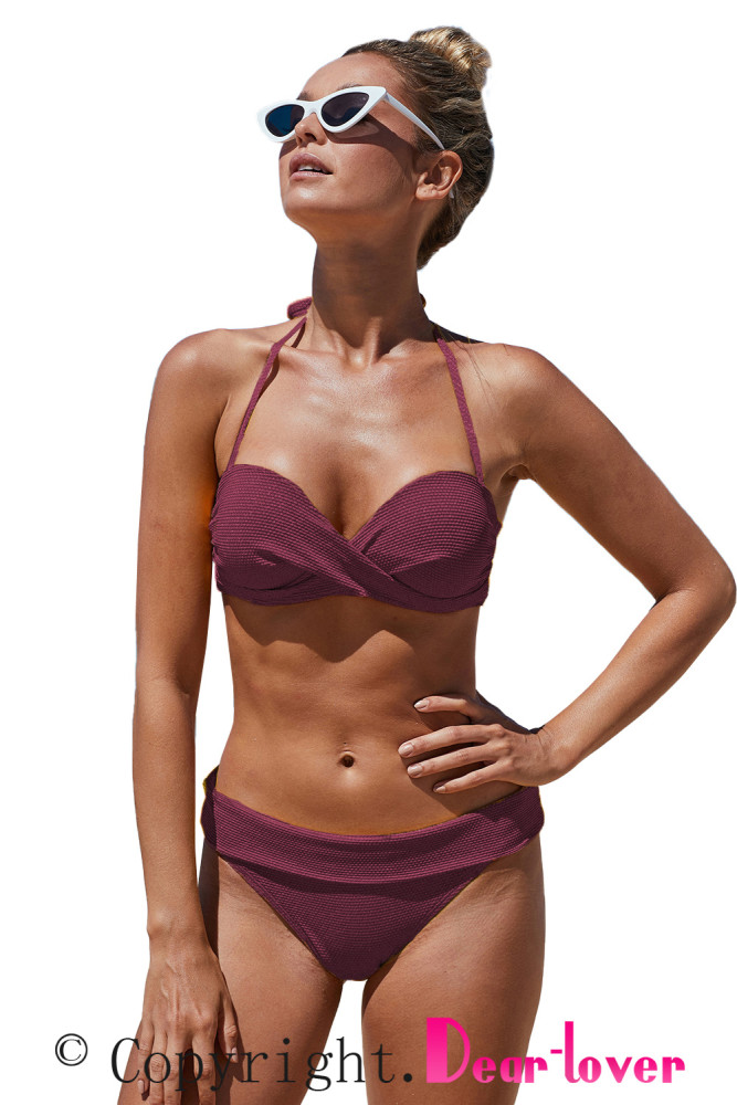 Red Halter Twist Waffle Bikini
