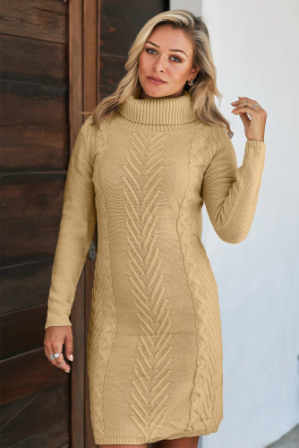 Khaki Hand Knitted High Neck Sweater Dress