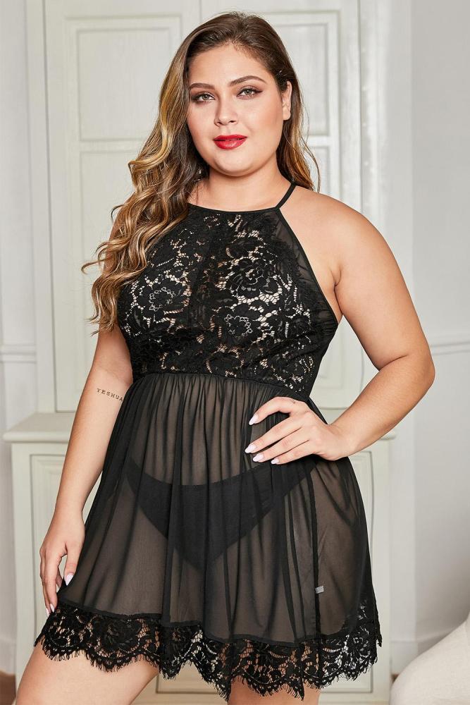 Black Plus Size Sexy Mesh Lace Babydoll with Matching Thong