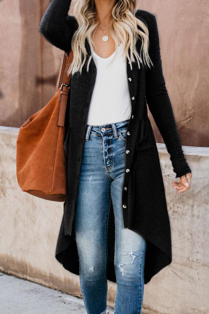 Black Selected Button Down Pocketed High Low Cardigan