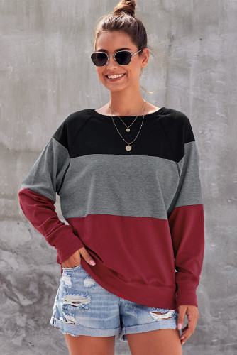 Red Raglan Sleeve Color Block Pullover Sweatshirt