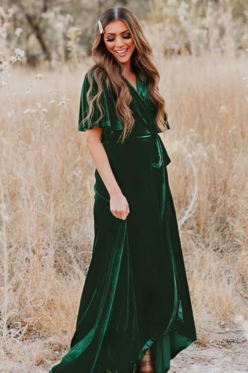 Green Velvet Pleated Wrap Tie Waist Maxi Dress